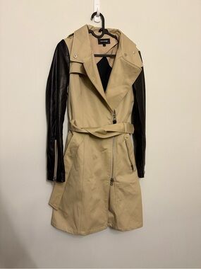 Mackage Two-Tone Leather-Sleeve Trench Coat in Tan & Black